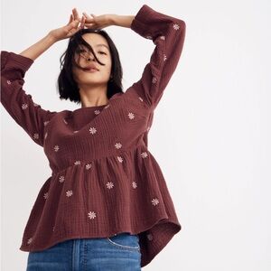 NWT Madewell Burgundy Embroidered Lightspun Peplum Open-Back Top